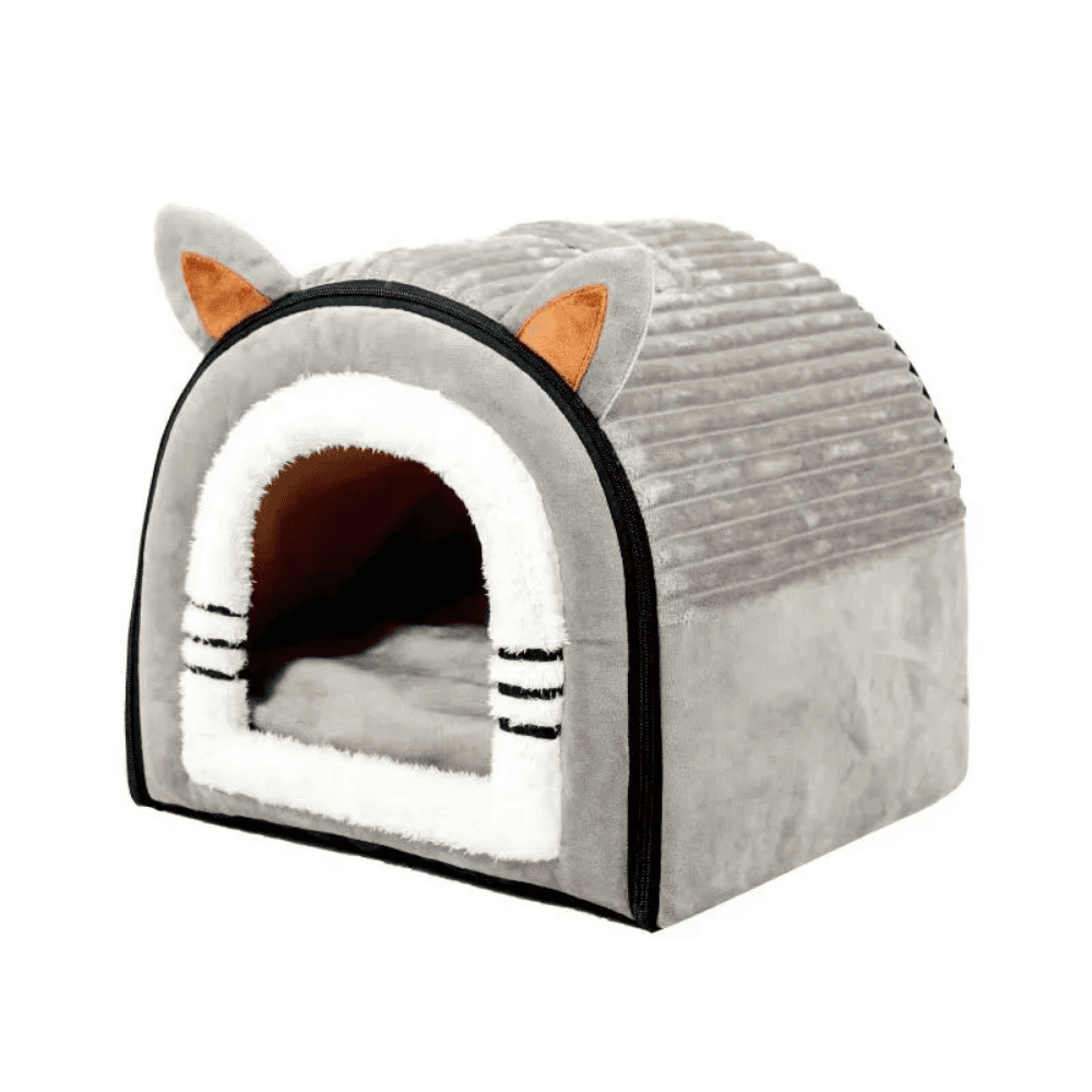 Peluş Tasarımlı Sevimli Kulak Detaylı Kedi & Köpek Evi Gri