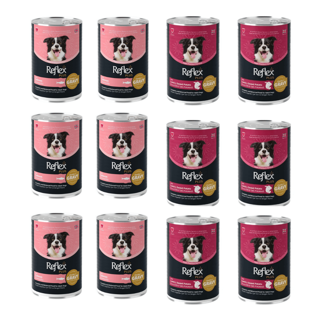 Reflex Plus Et Parçacıklı Somonlu & Kuzulu Konserve Köpek Maması 400 Gr X 12 Adet