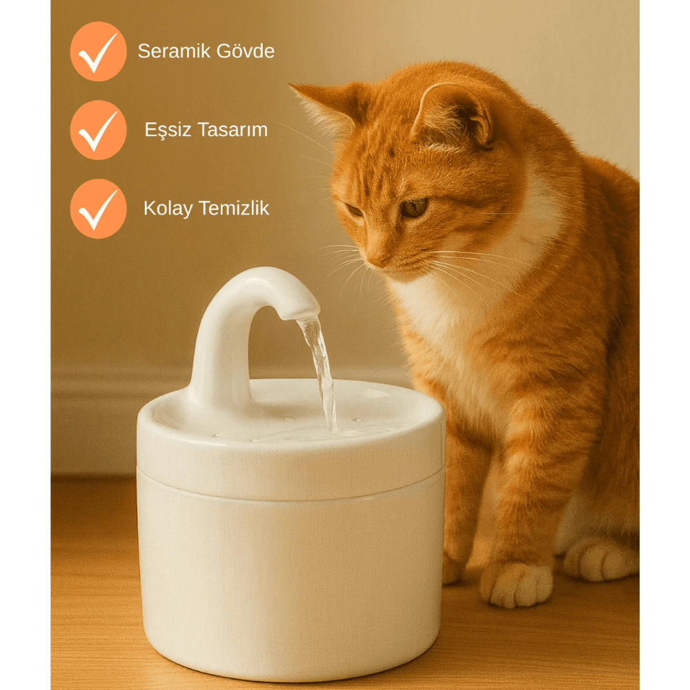 My Gusto Health Seramik Kedi Köpek Su Pınarı - Sessiz Motorlu Su Sebili