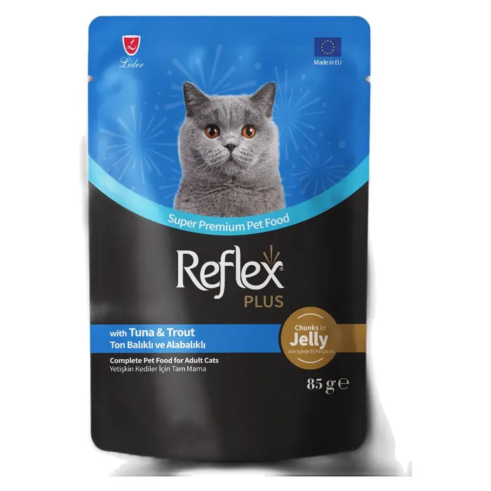 Reflex Jöle Içinde Et Parçacıklı Ton Balıklı Ve Alabalıklı Yetişkin Kedi Maması 85 Gr