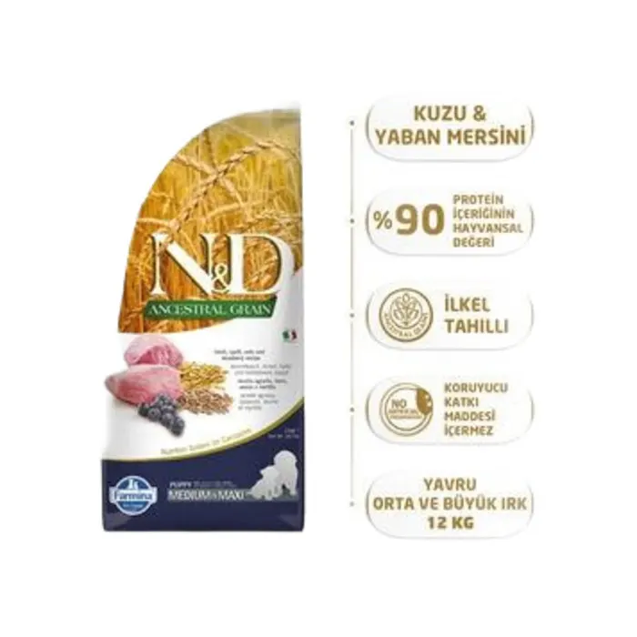 Düsük Tahıllı Kuzulu Yaban Mersinli Yavru Büyük Irk Köpek Maması - 12 Kg