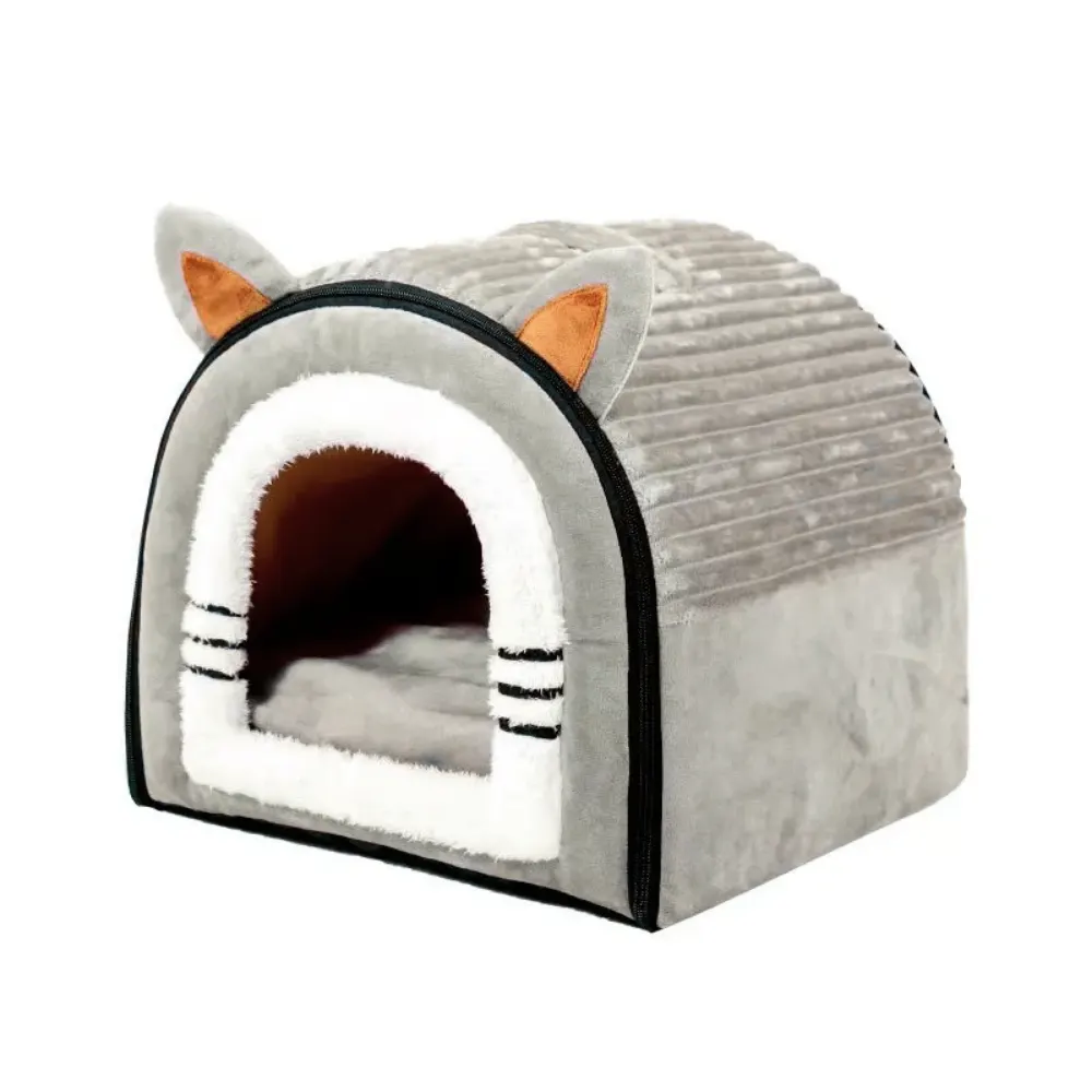 Peluş Tasarımlı Sevimli Kulak Detaylı Kedi & Köpek Evi Gri