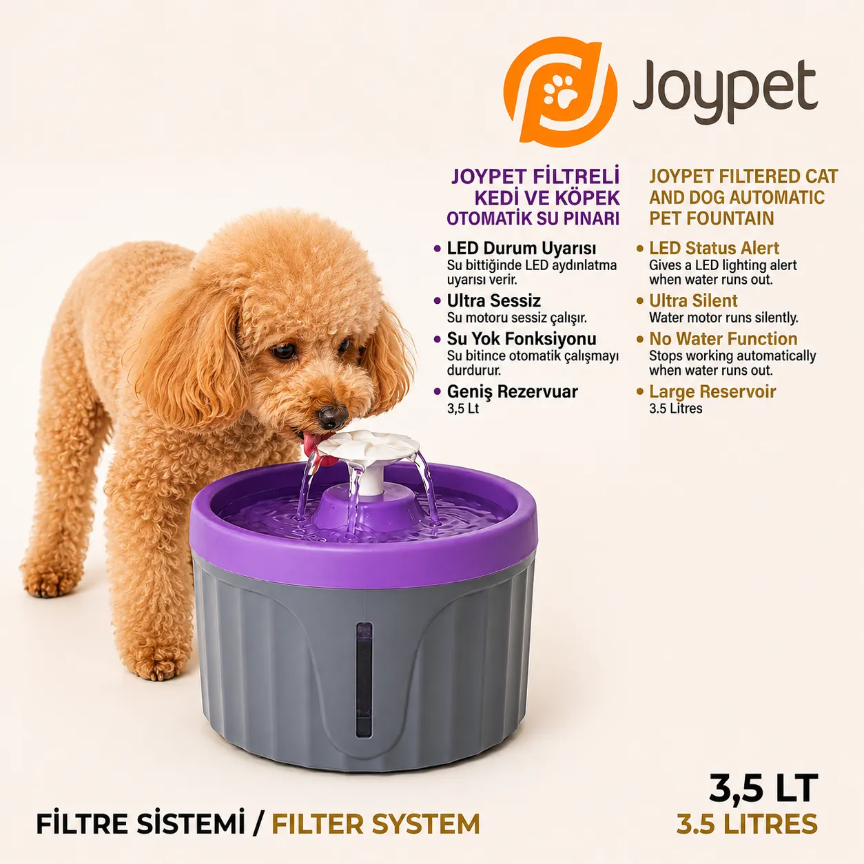 Joypet Yuvarlak Evcil Hayvan Su Pınarı 3,5 Lt