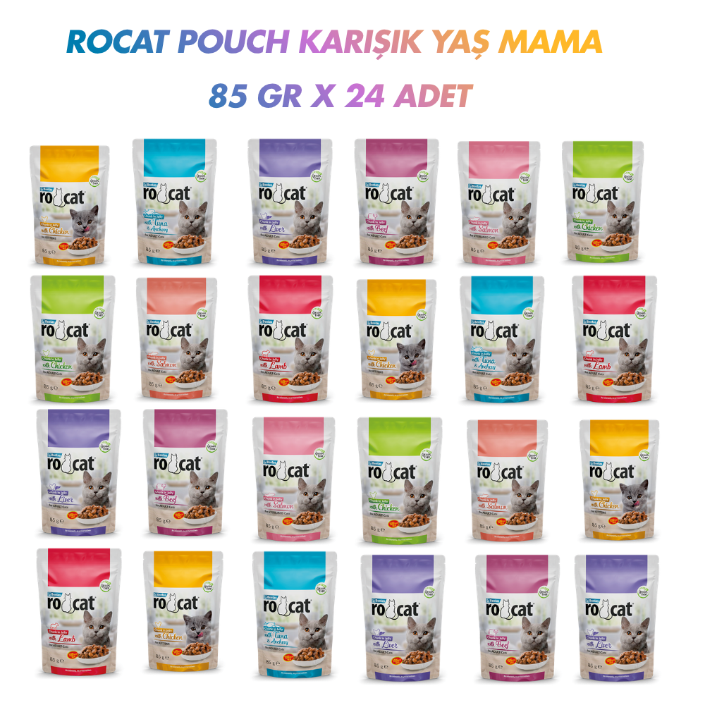 RoCat Jöle İçerisinde Parça Etli Pouch Yaş Kedi Maması 85 gr x 24 Adet Karışık