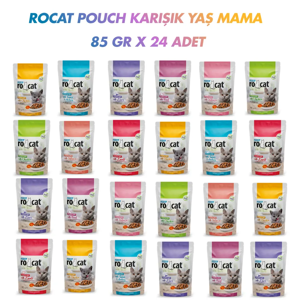 RoCat Jöle İçerisinde Parça Etli Pouch Yaş Kedi Maması 85 gr x 24 Adet Karışık