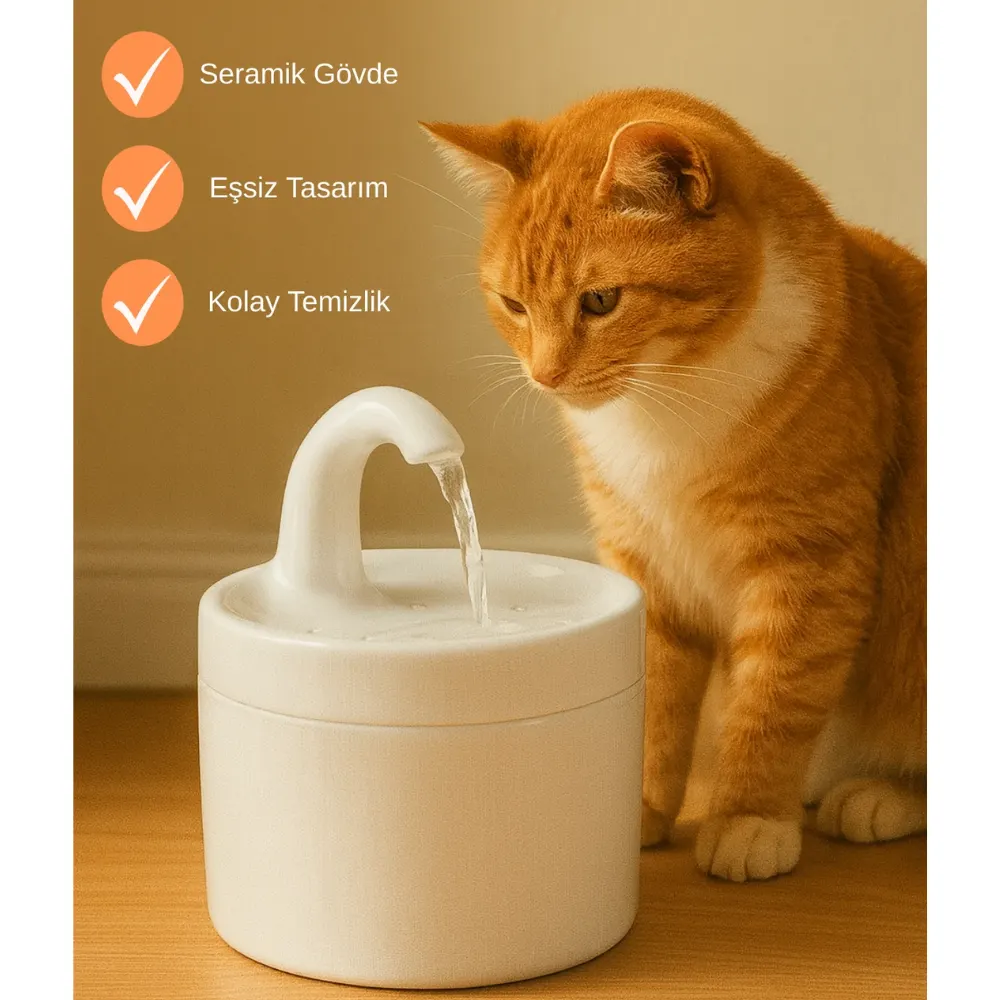 My Gusto Health Seramik Kedi Köpek Su Pınarı - Sessiz Motorlu Su Sebili