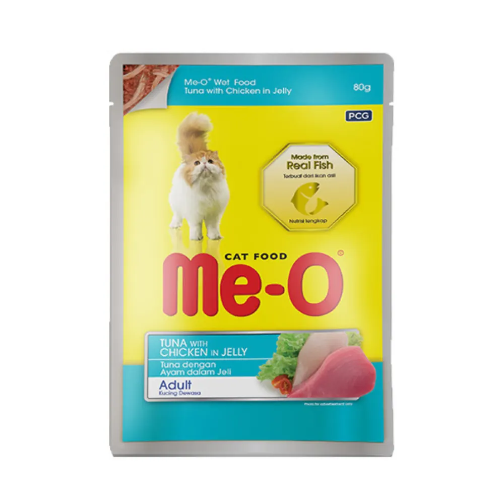 Me-O Jöle İçinde Ton Balıklı ve Tavuk Parçacıklı Yetişkin Kedi Konservesi 80gr