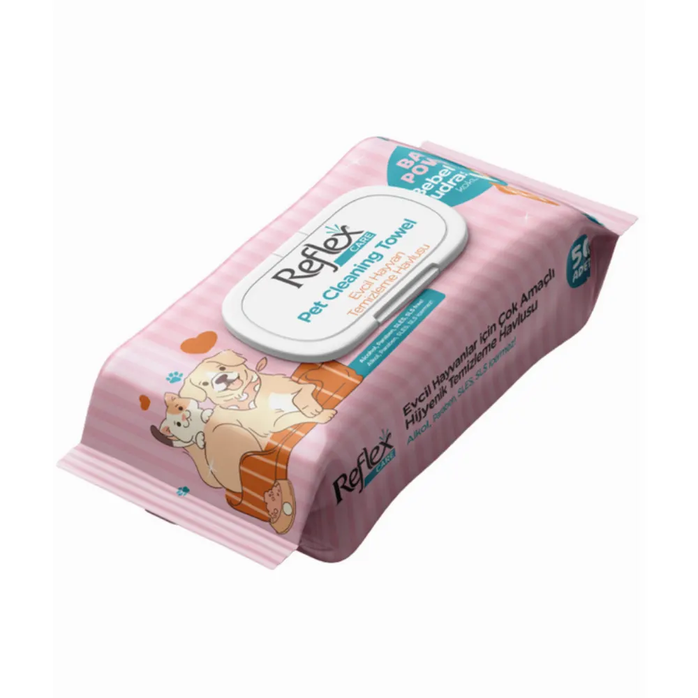 Reflex Care Bebek Pudrası Kokulu Kedi ve Köpekler İçin Çok Amaçlı Hijyenik Temizleme Mendili 50li