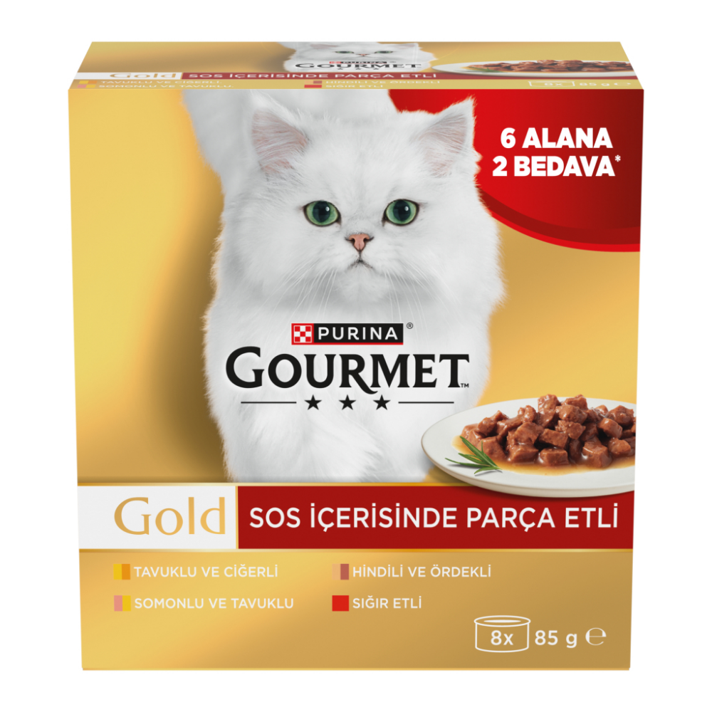 Purina Gourmet Gold Soslu Parça Etli Karışık Çeşitli Yetişkin Kedi Konservesi 8x85gr (8 AL 6 ÖDE)