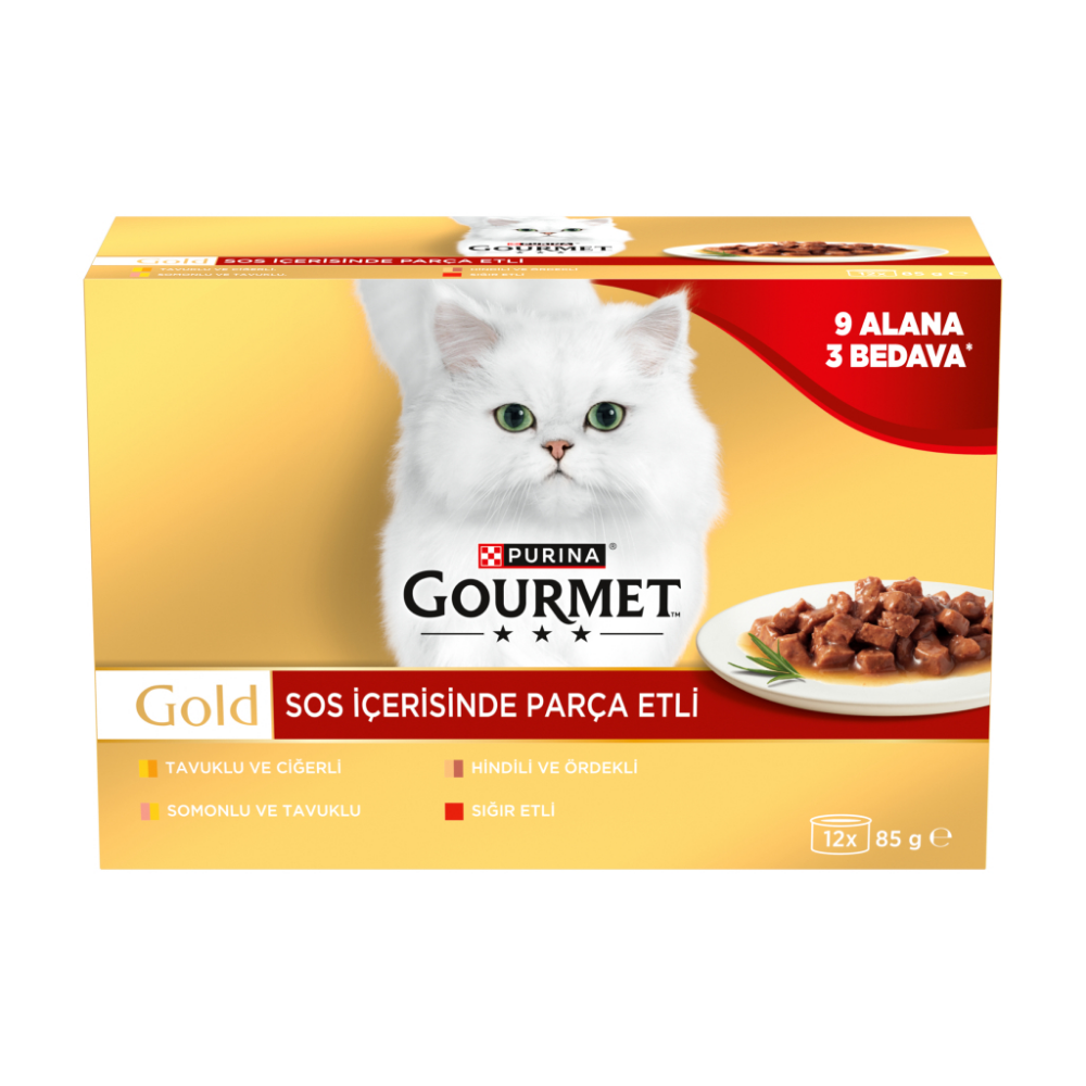 Purina Gourmet Gold Soslu Parça Etli Karışık Çeşitli Yetişkin Kedi Konservesi 12x85gr (12 AL 9 ÖDE)