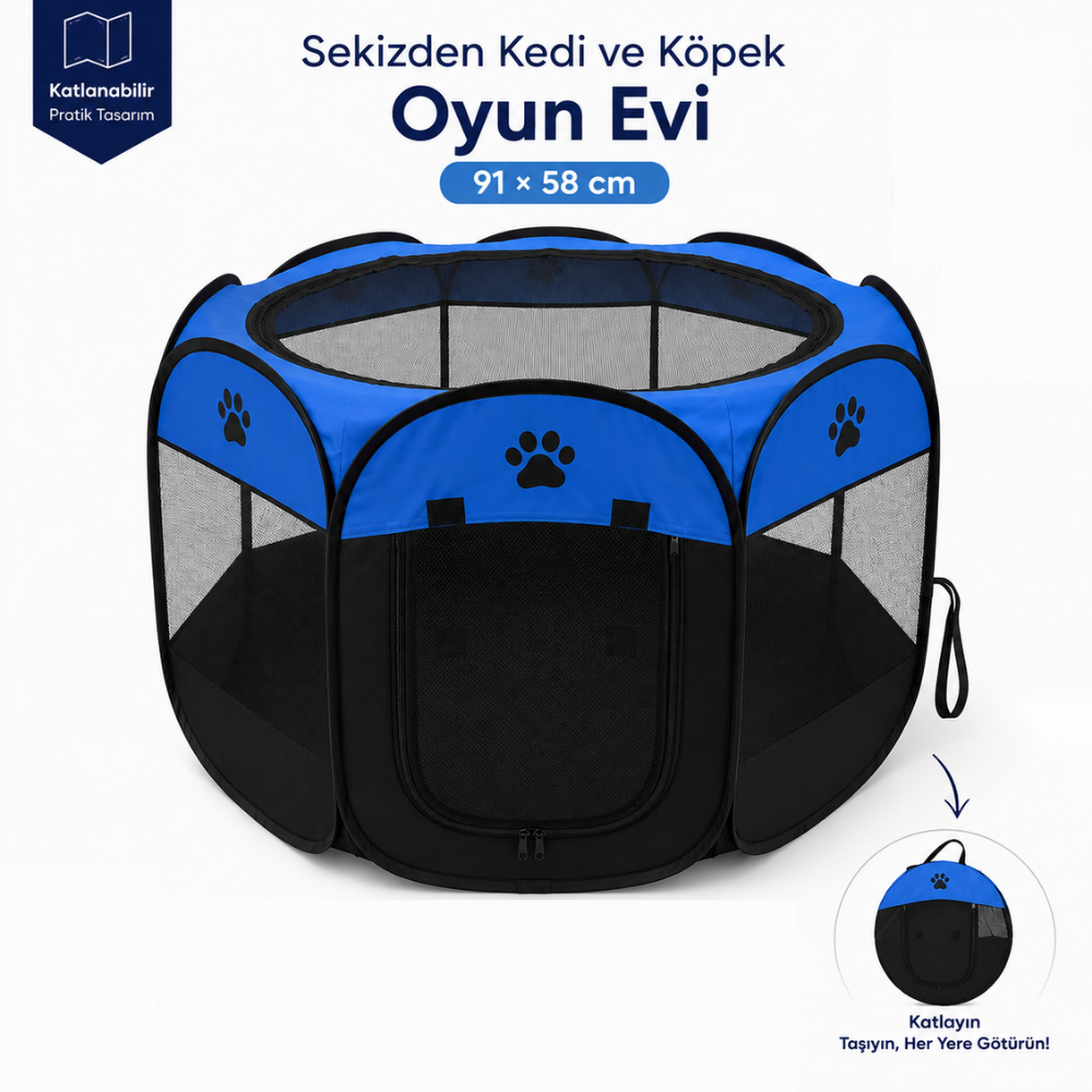 Katlanabilir Sekizgen Kedi ve Köpek Oyun Evi 91 × 58 cm Mavi