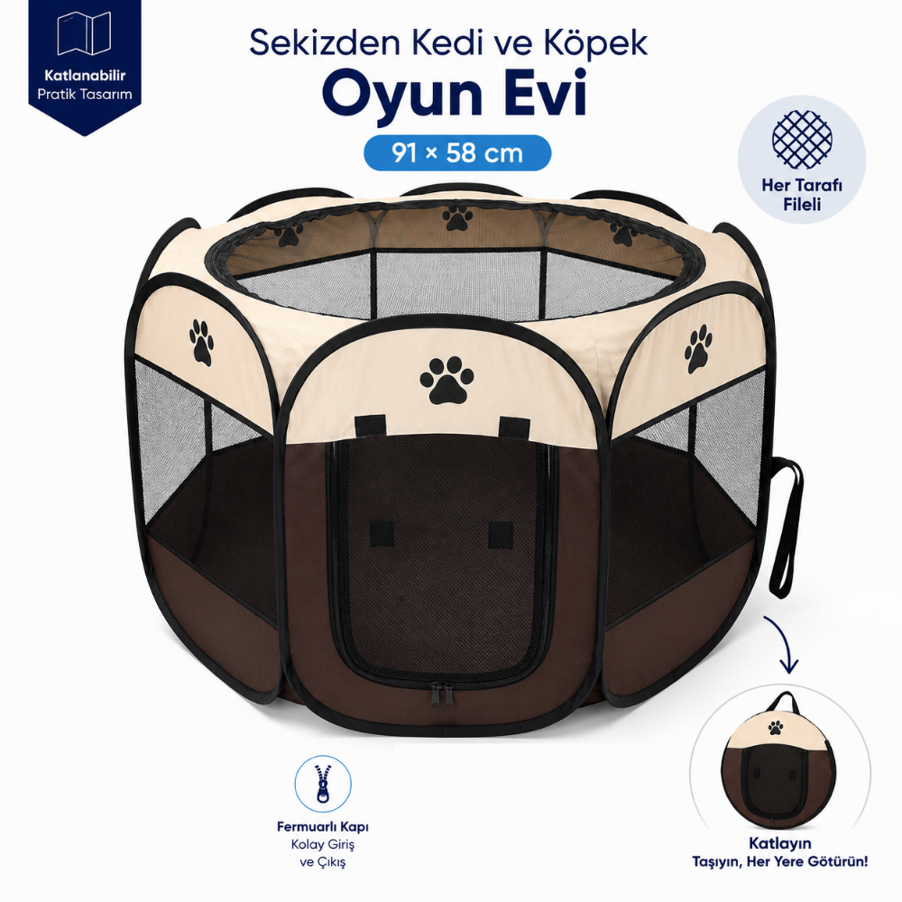 Katlanabilir Sekizgen Kedi ve Köpek Oyun Evi 91 × 58 cm Beyaz
