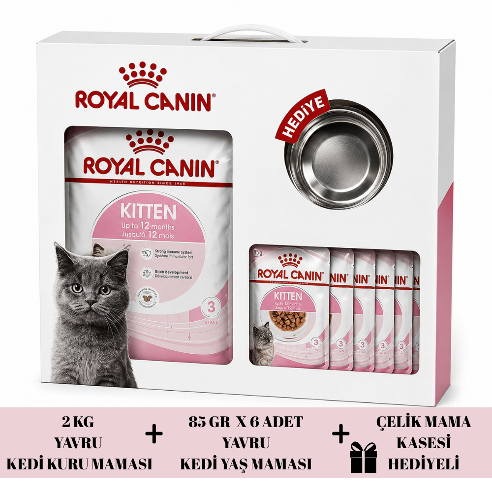 Royal Canin Kitten 2 KG + 6×85 GR Yaş Mama + Çelik Mama Kabı Hediyeli