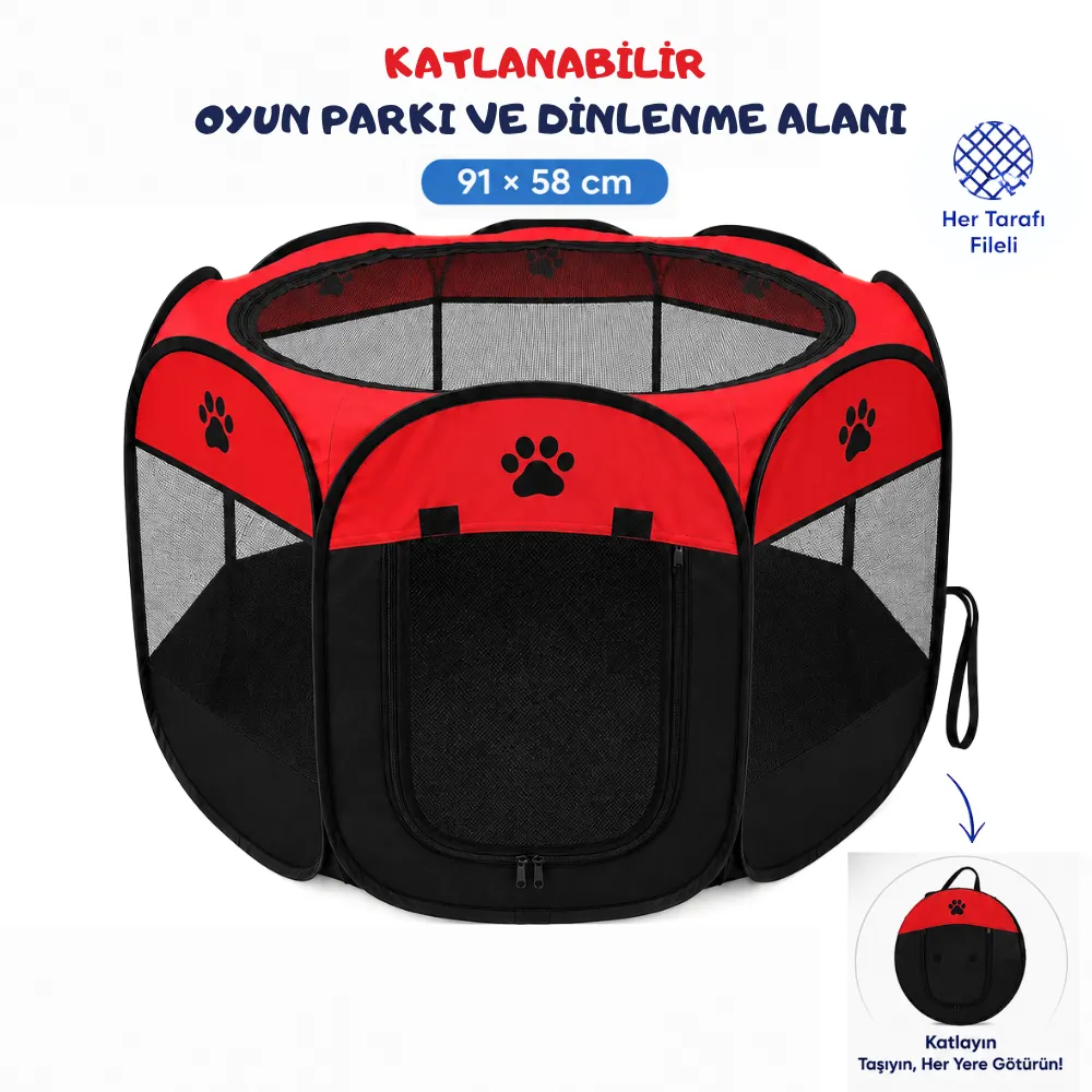 Katlanabilir Sekizgen Kedi ve Köpek Oyun Evi 91 × 58 cm Kırmızı