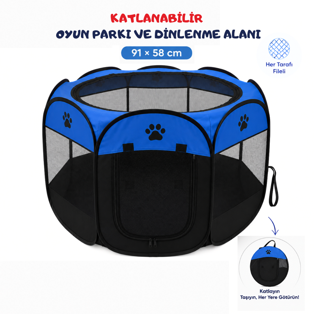 Katlanabilir Sekizgen Kedi ve Köpek Oyun Evi 91 × 58 cm Mavi