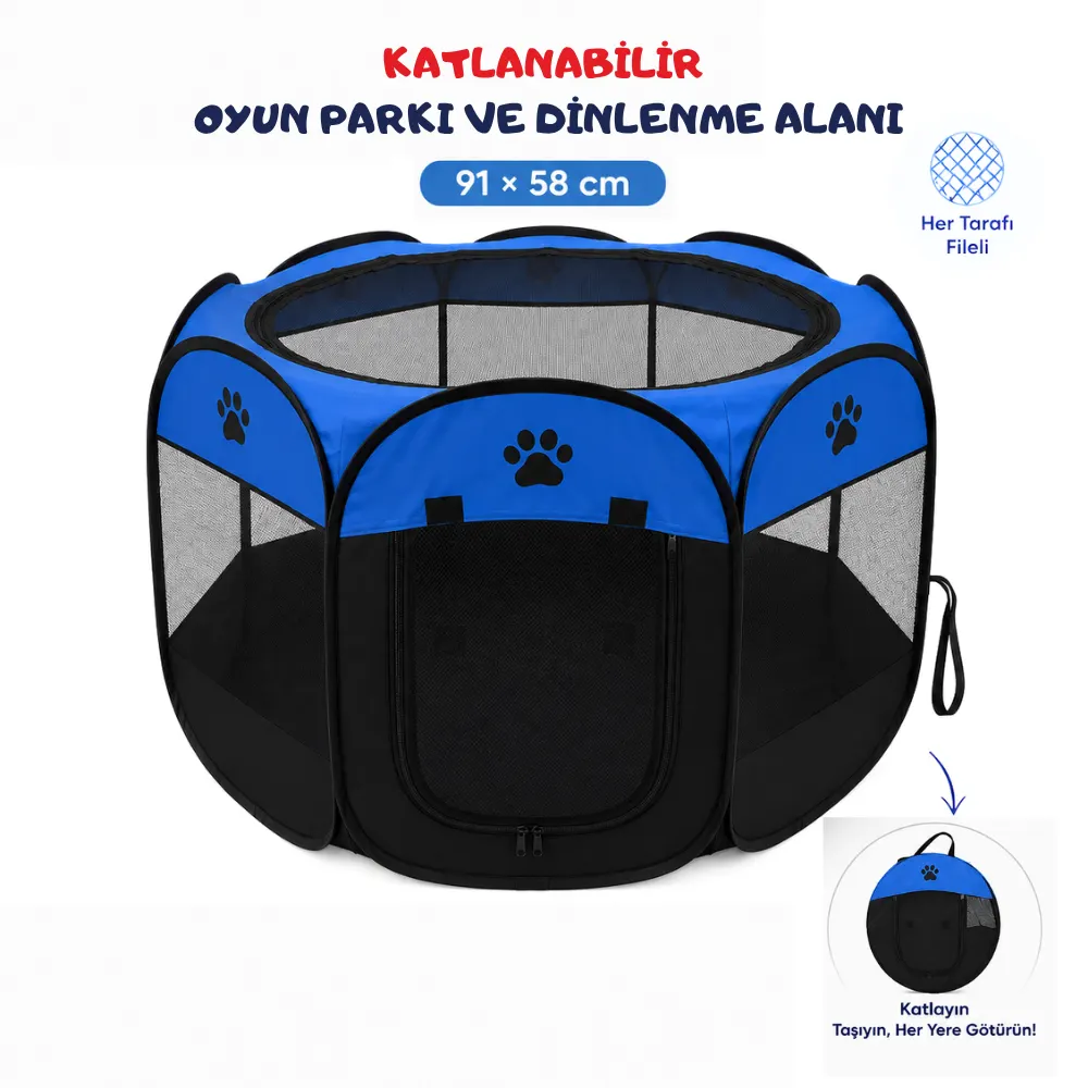 Katlanabilir Sekizgen Kedi ve Köpek Oyun Evi 91 × 58 cm Mavi