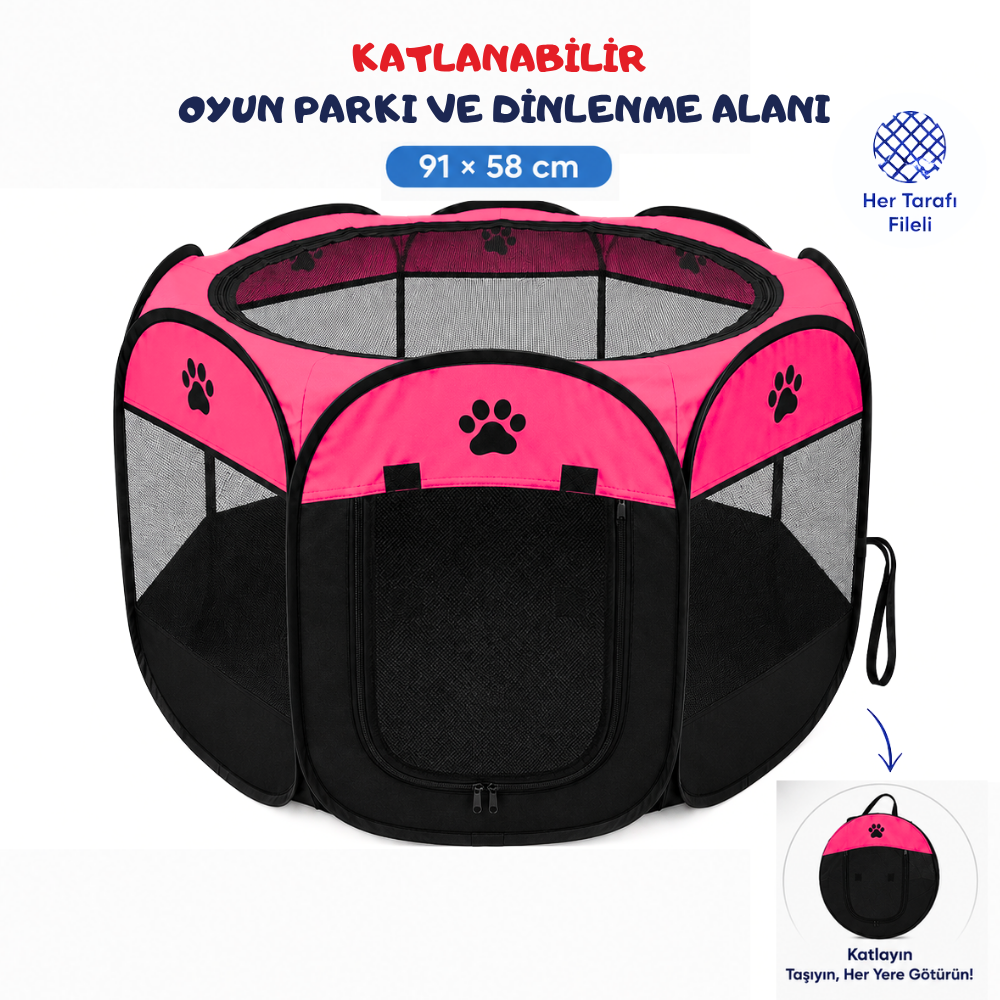 Katlanabilir Sekizgen Kedi ve Köpek Oyun Evi 91 × 58 cm Pembe