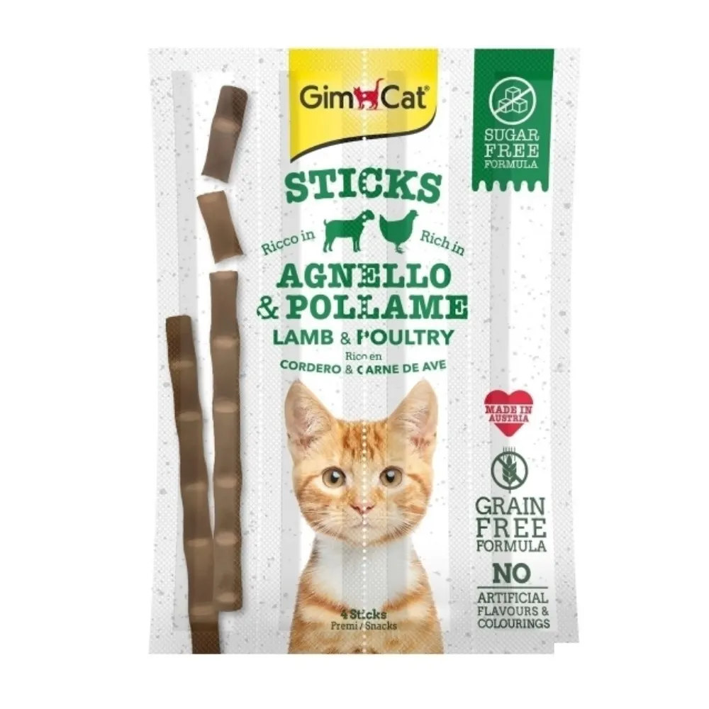 GimCat Sticks Kuzulu ve Tavuklu Taurinli Tahılsız Kedi Ödül Çubuğu 20gr (4'lü)